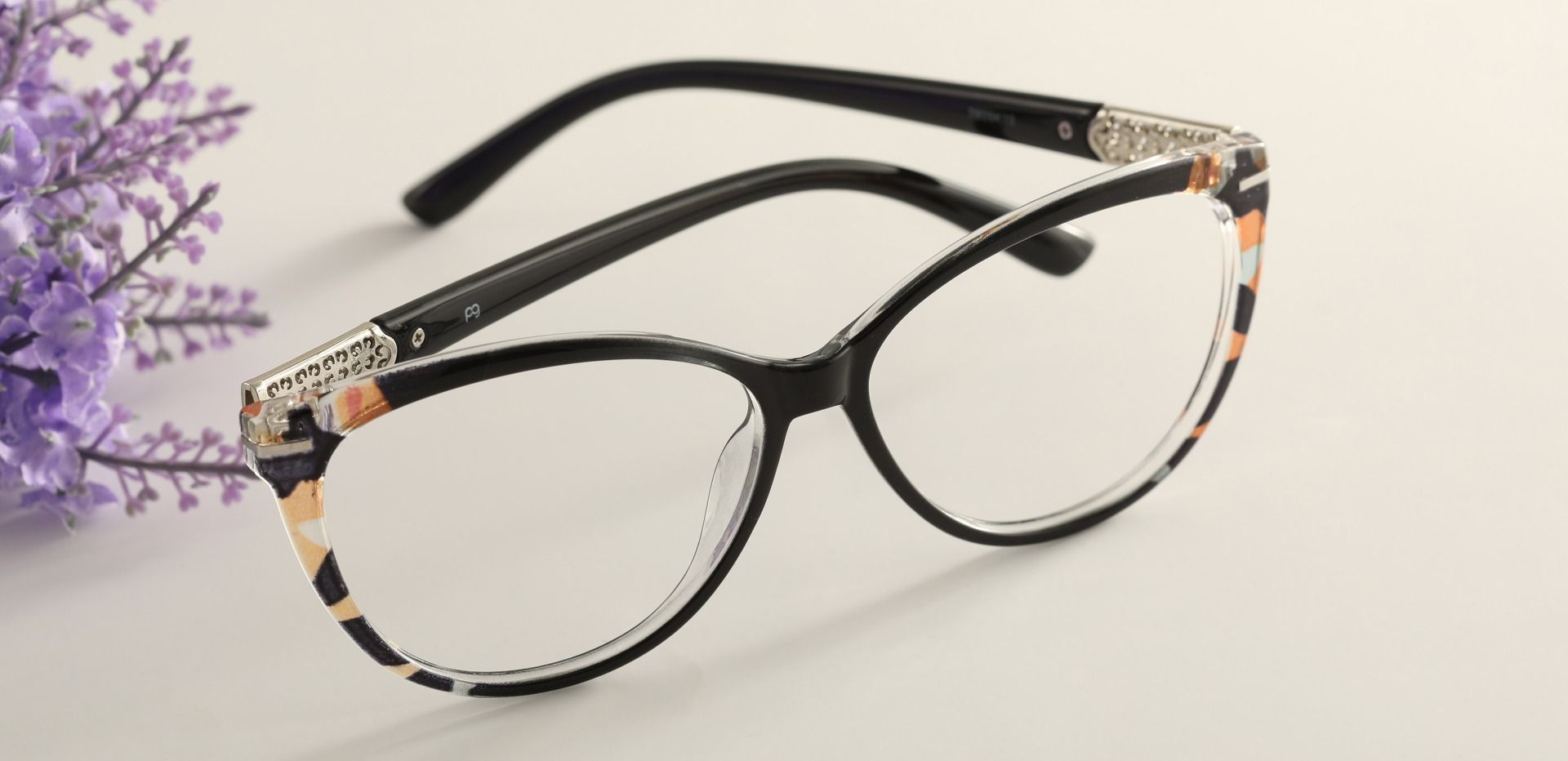 Maggie Cat Eye Prescription Glasses - Black With Peach Crystal Accents